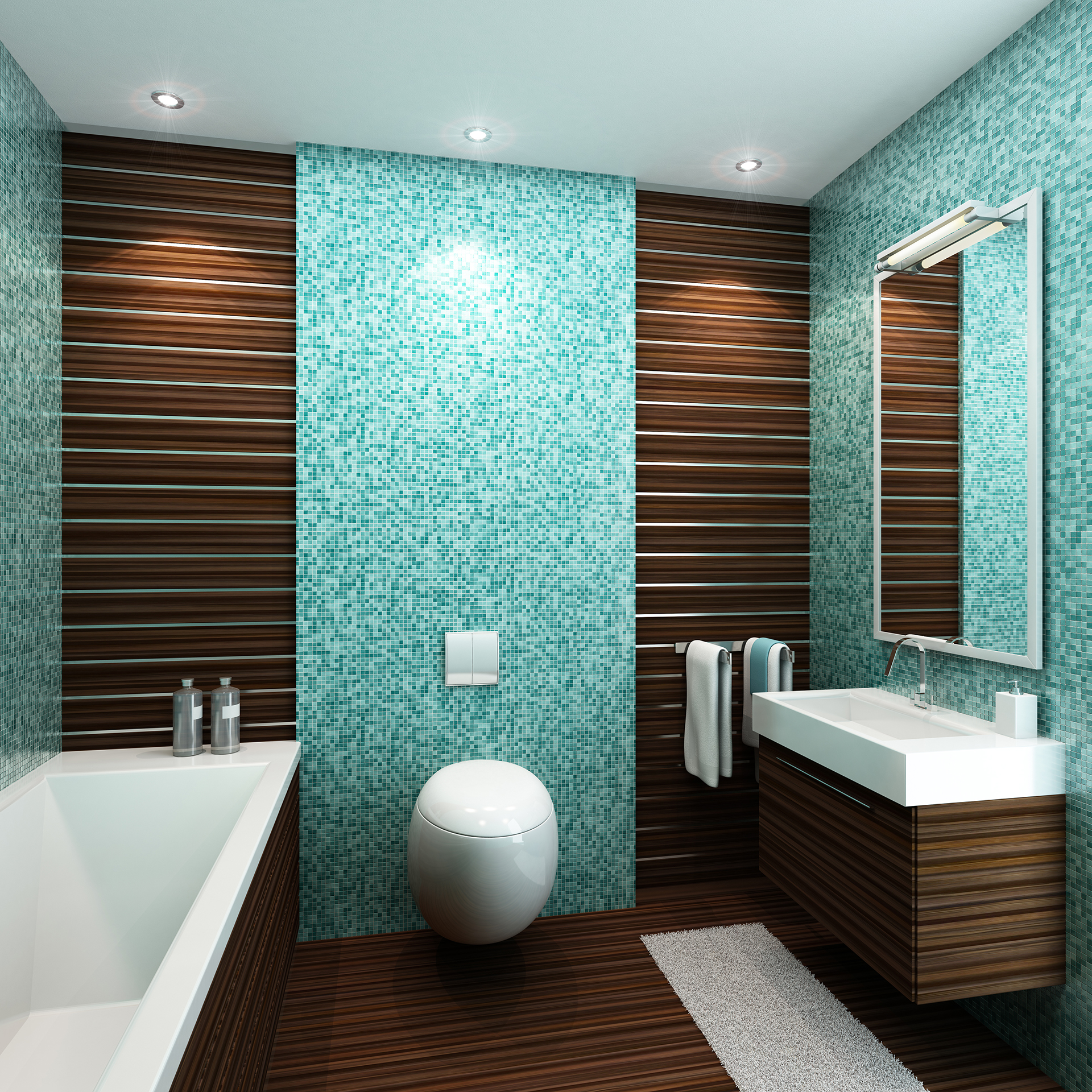 Mosiac Ocean Green, Off White and White and Wooden Cabinets