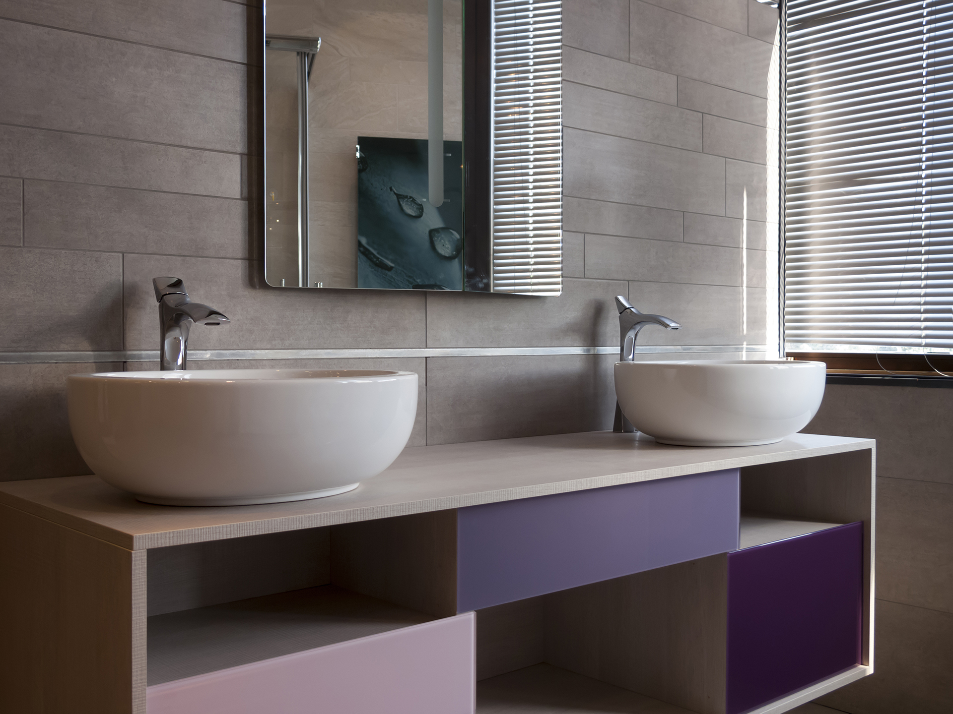 Cement Grey And Purple Pink Bathroom Design With Wooden Cabinet Unit