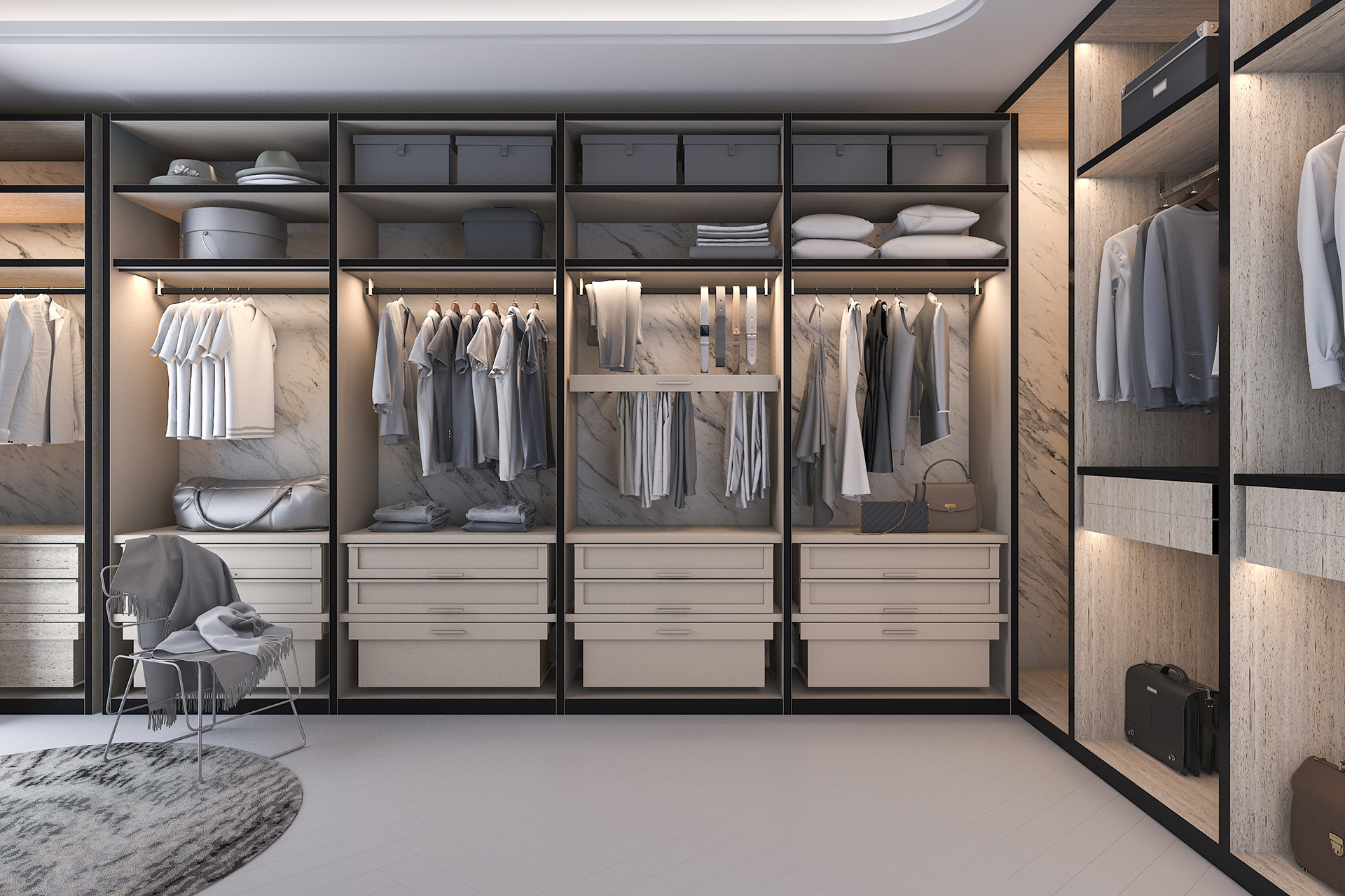 Elegant Wooden Textured Walk-In Wardrobe