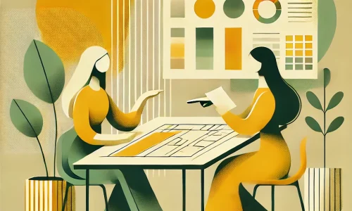 DALL·E 2024-11-20 11.06.08 - An abstract illustration of two women collaborating at a table, with modern minimalistic design and soft yellow, orange, and green tones. The table ha